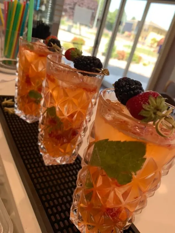 Cocktail dell'aperitivo Martinazzo decorati con more, fragole e menta, serviti al bancone